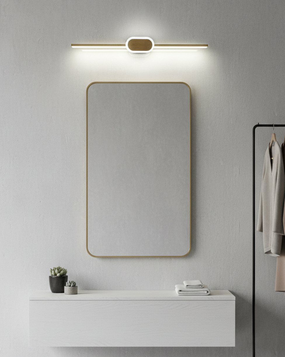 Swanart mirror frame with integrated LED lights, showcasing a modern decorative mirror with illuminated design.
