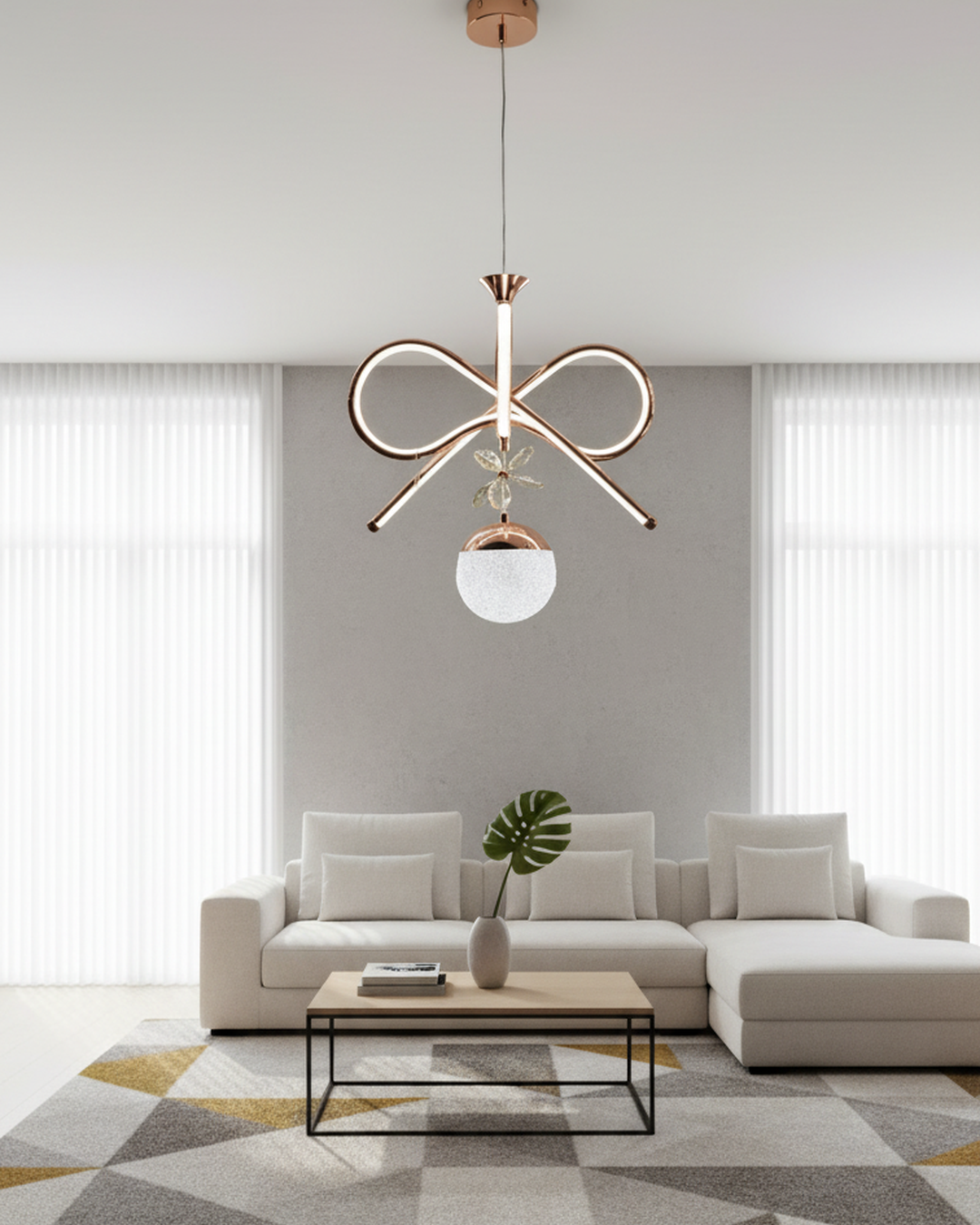 Swanart modern infinity loop LED pendant chandelier with rose gold finish, glass globe, crystal accents, hanging in contemporary living room.