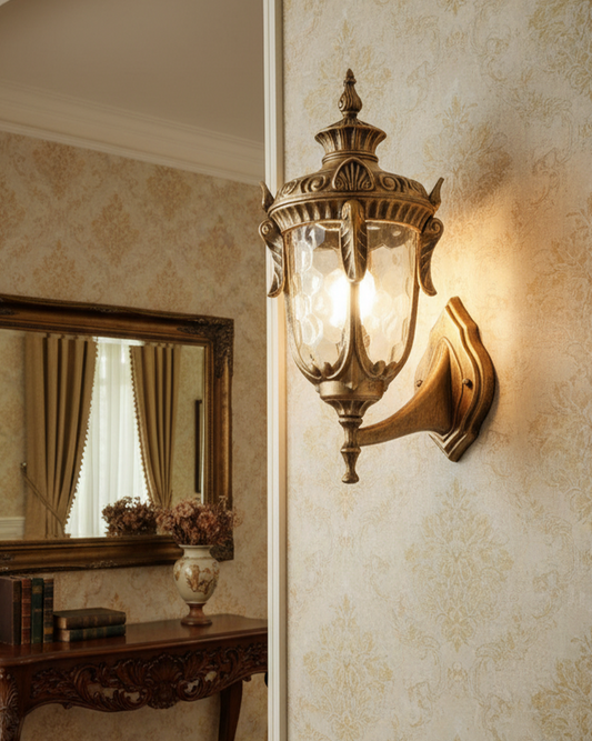Swanart vintage outdoor wall light with antique brass finish, waterproof glass sconce, ideal for porch, balcony, or garden lighting.