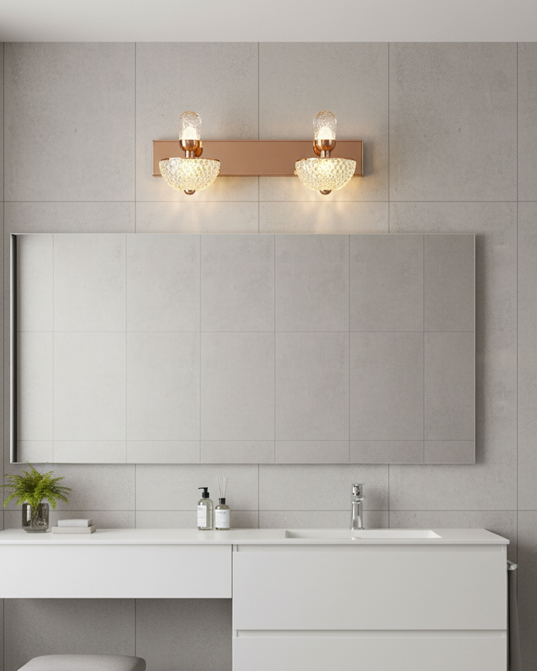 Swanart modern rose gold wall sconce with dual LED lights and diamond cut glass shades, ideal for living room or bedroom decor.