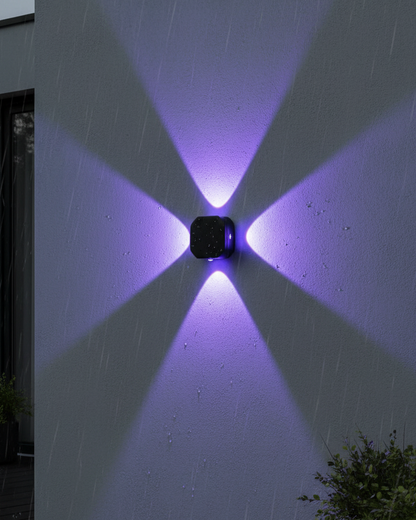 Swanart black wall lamp with waterproof design, RGB auto-changing lighting, mounted on a wall with up and down illumination.