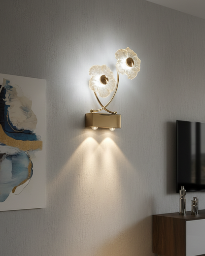 Swanart modern flower LED wall light with dual crystal petal design in gold, featuring warm light and downlight for home decor.