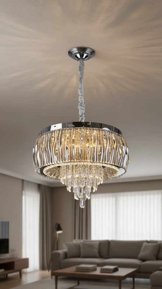 Swanart luxury crystal chandelier with gold drum design and hanging crystal accents, modern LED ceiling light for living, dining, or bedroom