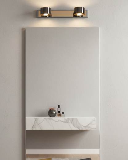 Swanart modern rose gold and black wall sconce with dual adjustable cylindrical LED lights, ideal for living room or hallway decor.