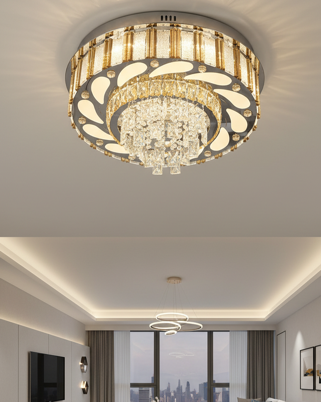 Swanart golden crystal chandelier with intricate design and shimmering crystals hanging from a luxurious gold frame.