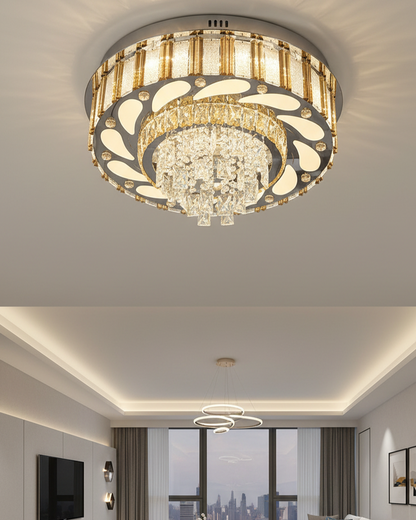 Swanart golden crystal chandelier with intricate design and shimmering crystals hanging from a luxurious gold frame.