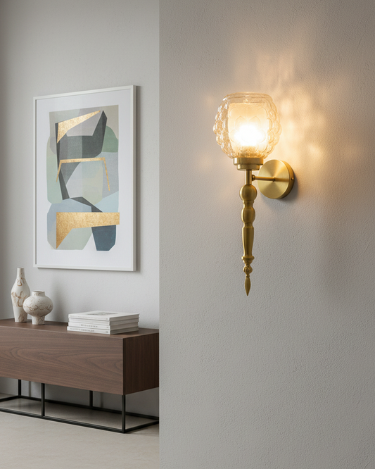 Swanart modern gold wall light with glass shade, decorative LED sconce, vintage metal fixture for living room or bedroom lighting