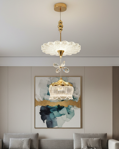 Swanart modern luxury crystal chandelier pendant light fixture with gold finish, adjustable height ceiling lamp for dining or living rooms