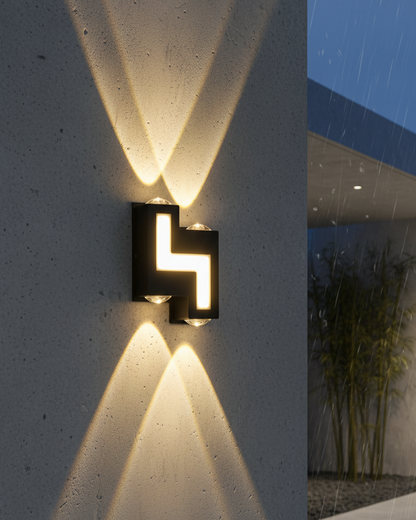Swanart black wall lamp with up and down waterproof design, emitting warm white light, suitable for outdoor or bathroom lighting.