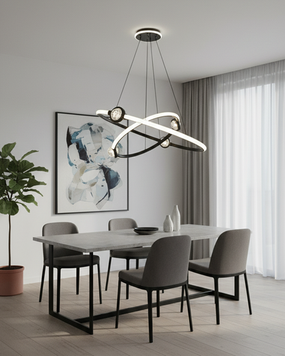 Swanart Modern Orbit LED Chandelier with black ring and crystal accents, hanging from ceiling in a contemporary living room setting.