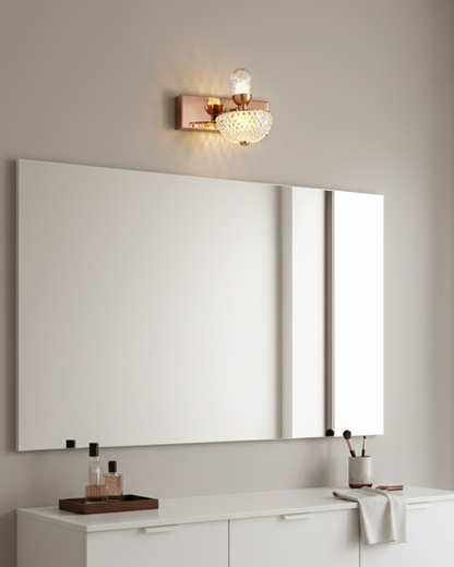 Swanart Rose Gold Crystal Wall Sconce with diamond cut glass shade, modern LED wall light, ideal for living room or bedroom decor