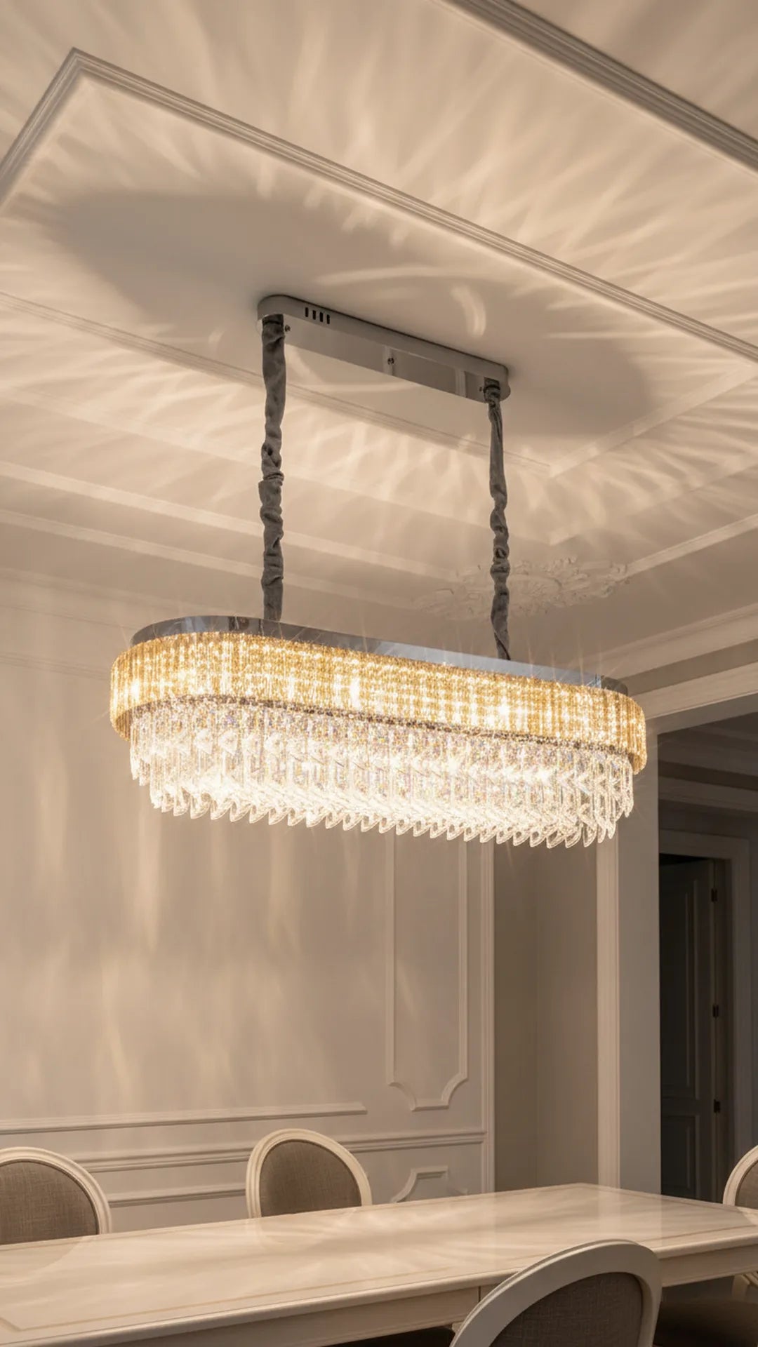Swanart Luxury Crystal Linear Chandelier for Dining Table, Modern Gold LED Pendant Ceiling Light, 4 Layer Crystal Rectangular Hanging Lamp for Living Room Kitchen Island Dining Room