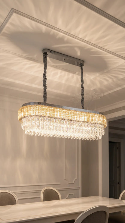 Swanart Luxury Crystal Linear Chandelier for Dining Table, Modern Gold LED Pendant Ceiling Light, 4 Layer Crystal Rectangular Hanging Lamp for Living Room Kitchen Island Dining Room