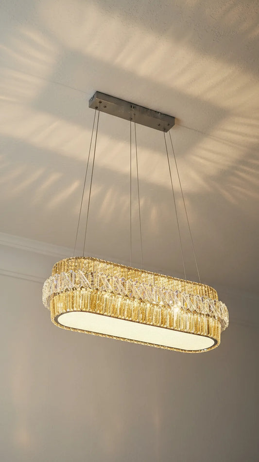 Swanart Luxury Rectangle Crystal Chandelier Light 80 cm Modern LED Dining Table Chandelier Gold Finish Crystal Pendant Ceiling Light for Living Room Dining Room Kitchen Island Hanging Light