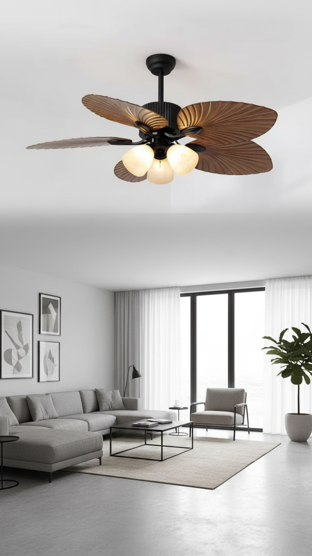 Swanart Tropical Leaf Ceiling Fan with Light, 5 Wooden Fiber Blade Decorative Ceiling Fan with 3 Glass Shades, Modern Designer Ceiling Fan for Living Room, Bedroom & Hall