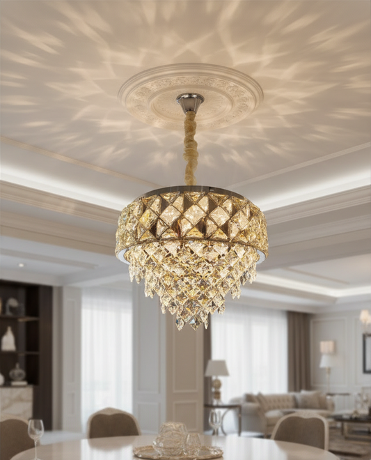 Swanart crystal chandelier ceiling light with modern LED design, 50cm round pendant lamp featuring sparkling crystals for living and dining areas.