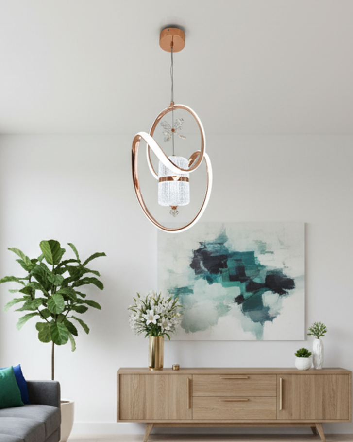 Modern Swanart crystal LED pendant light with rose gold rings, adjustable height, hanging from ceiling in a stylish living room setting.