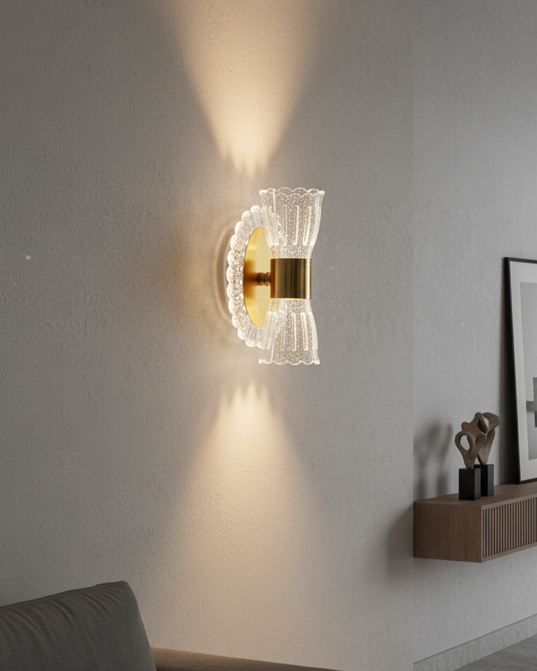 Swanart modern LED crystal wall light with golden acrylic finish, decorative indoor wall sconce for living rooms and hallways.