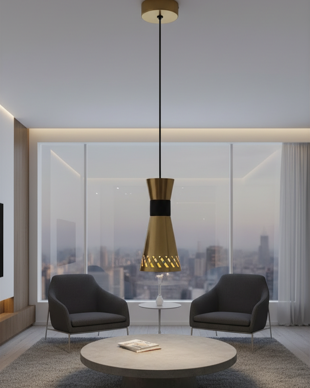 Swanart modern pendant light with gold and black finish, metal hanging ceiling lamp ideal for kitchen, dining, bedroom, or living room.