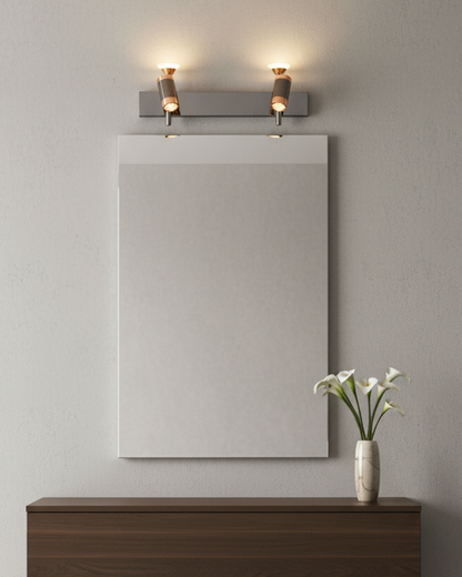 Modern Swanart black and rose gold wall sconce with adjustable LED cylindrical shades, ideal for living room, bedroom, or office decor.
