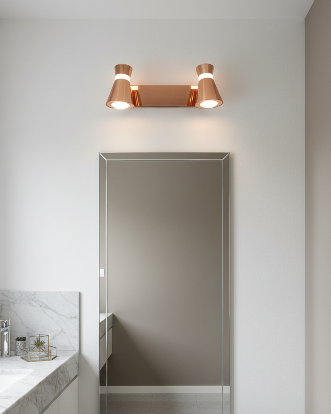 Swanart rose gold 3-in-1 LED wall spot light with adjustable arm, showcasing color-changing lighting for pictures, mirrors, and displays.