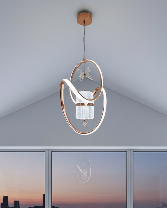 Swanart modern crystal LED pendant light with rose gold rings, adjustable height and elegant crystal shade for living room or bedroom.