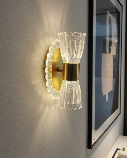Swanart modern LED crystal wall light with golden acrylic finish, decorative indoor sconce for living rooms, hallways, and bedrooms