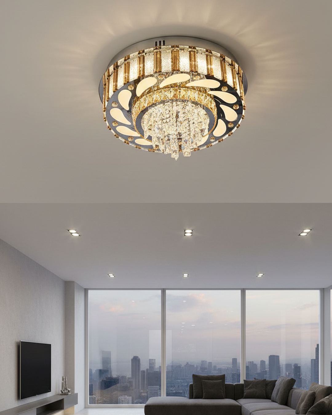 Swanart golden crystal chandelier with intricate design and sparkling crystals hanging from a luxurious metal frame.