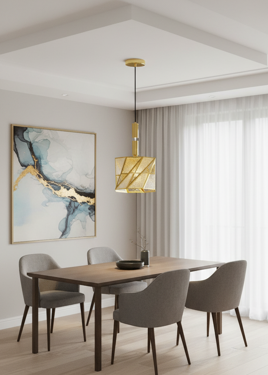 Modern gold Swanart pendant light with geometric glass shade hanging in a stylish dining room or kitchen island setting.