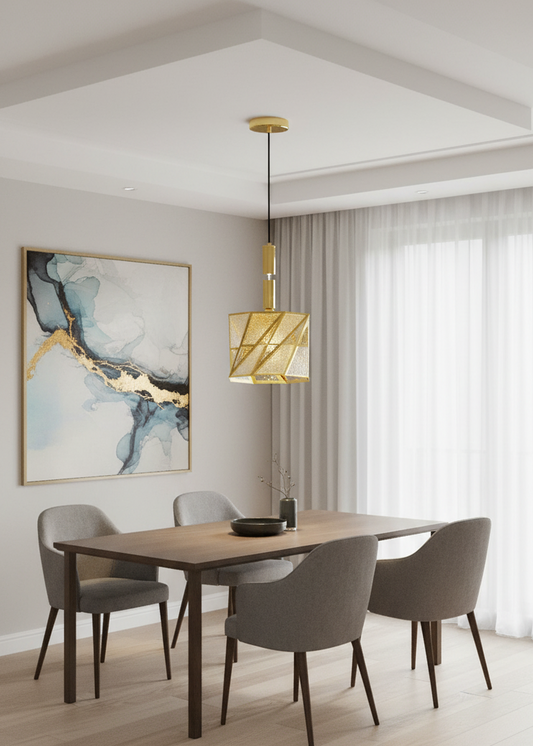 Modern gold Swanart pendant light with geometric glass shade hanging in a stylish dining room or kitchen island setting.