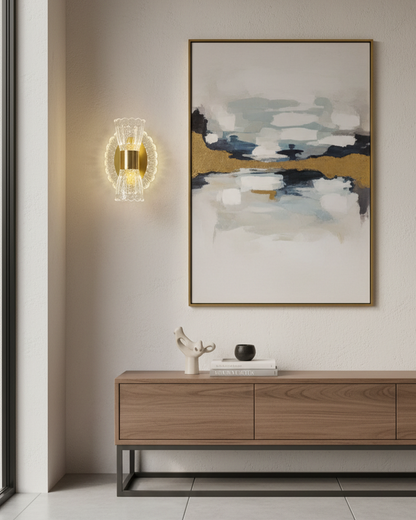 Swanart modern LED crystal wall light with golden acrylic finish, decorative indoor sconce for living room, hallway, or staircase.