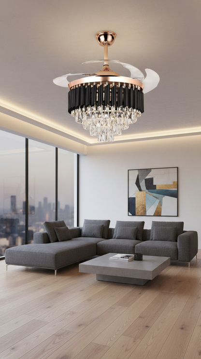 Swanart Modern Crystal Chandelier Fan with Retractable Blades, LED Ceiling Fan Light, Rose Gold Finish, Luxury Crystal Ceiling Light with Fan for Living Room Bedroom