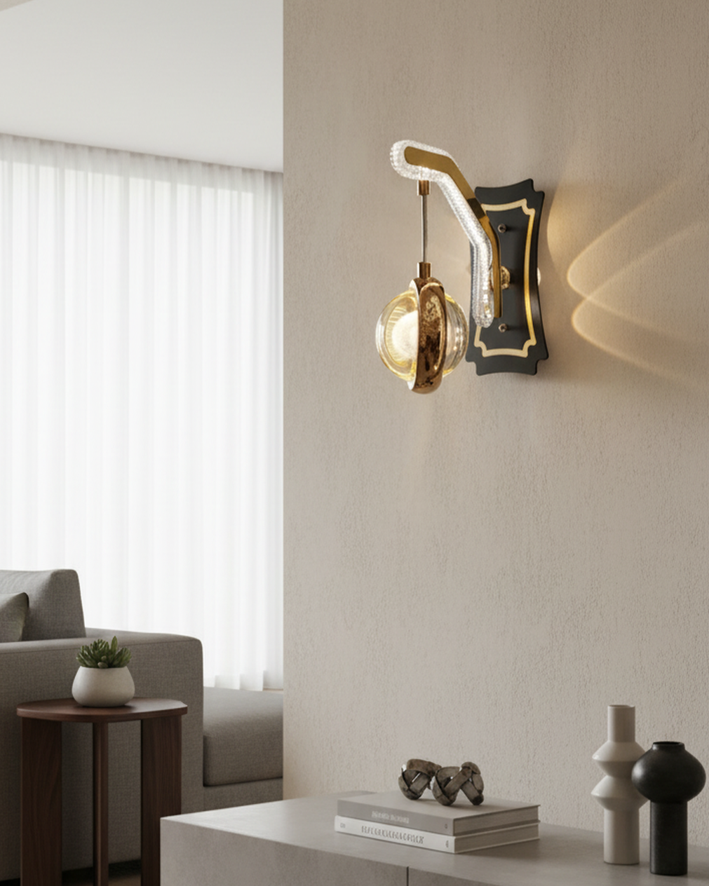 Swanart modern crystal wall light LED sconce with golden finish, stylish indoor lighting for living room, bedroom, or hallway.