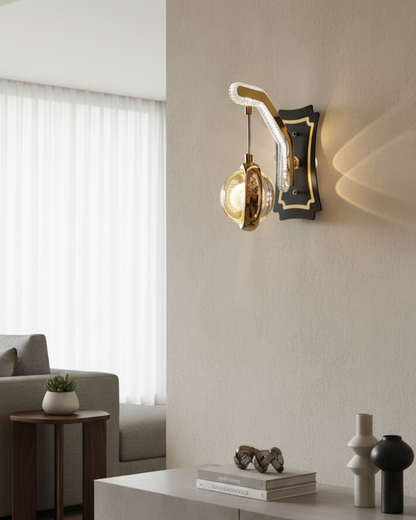 Swanart modern crystal wall light LED sconce with golden finish, stylish indoor lighting for living room, bedroom, or hallway.