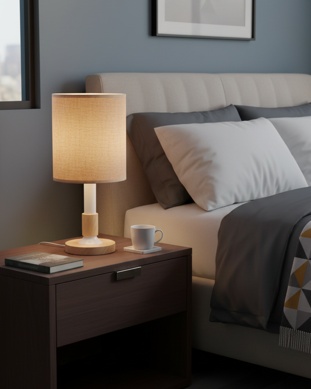 Swanart modern wooden table lamp with fabric shade providing warm ambient light for bedroom, living room, or study decor.