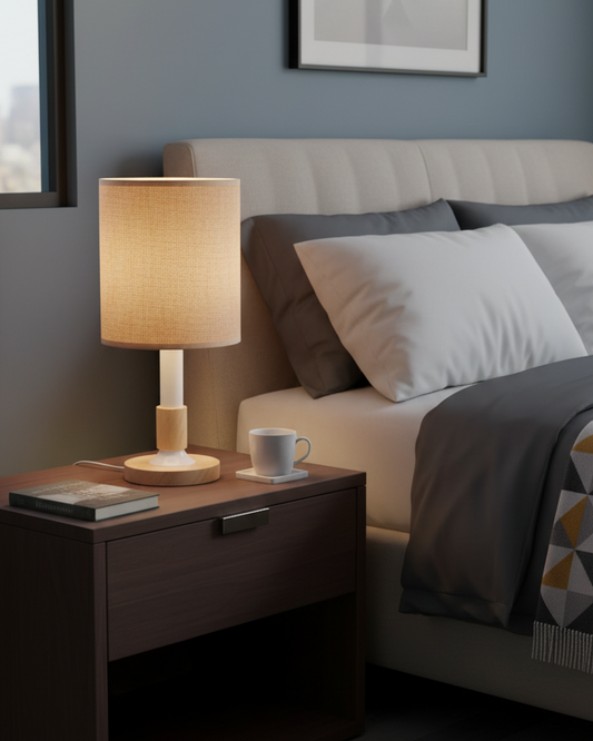 Swanart modern wooden table lamp with fabric shade providing warm ambient light for bedroom, living room, or study decor.