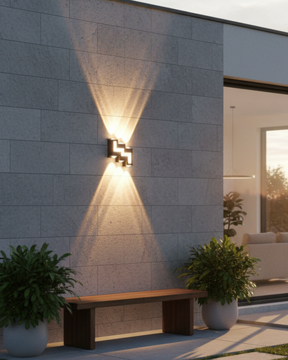 Swanart modern outdoor wall light in black finish, waterproof LED sconce emits warm white up and down lighting for garden or patio.