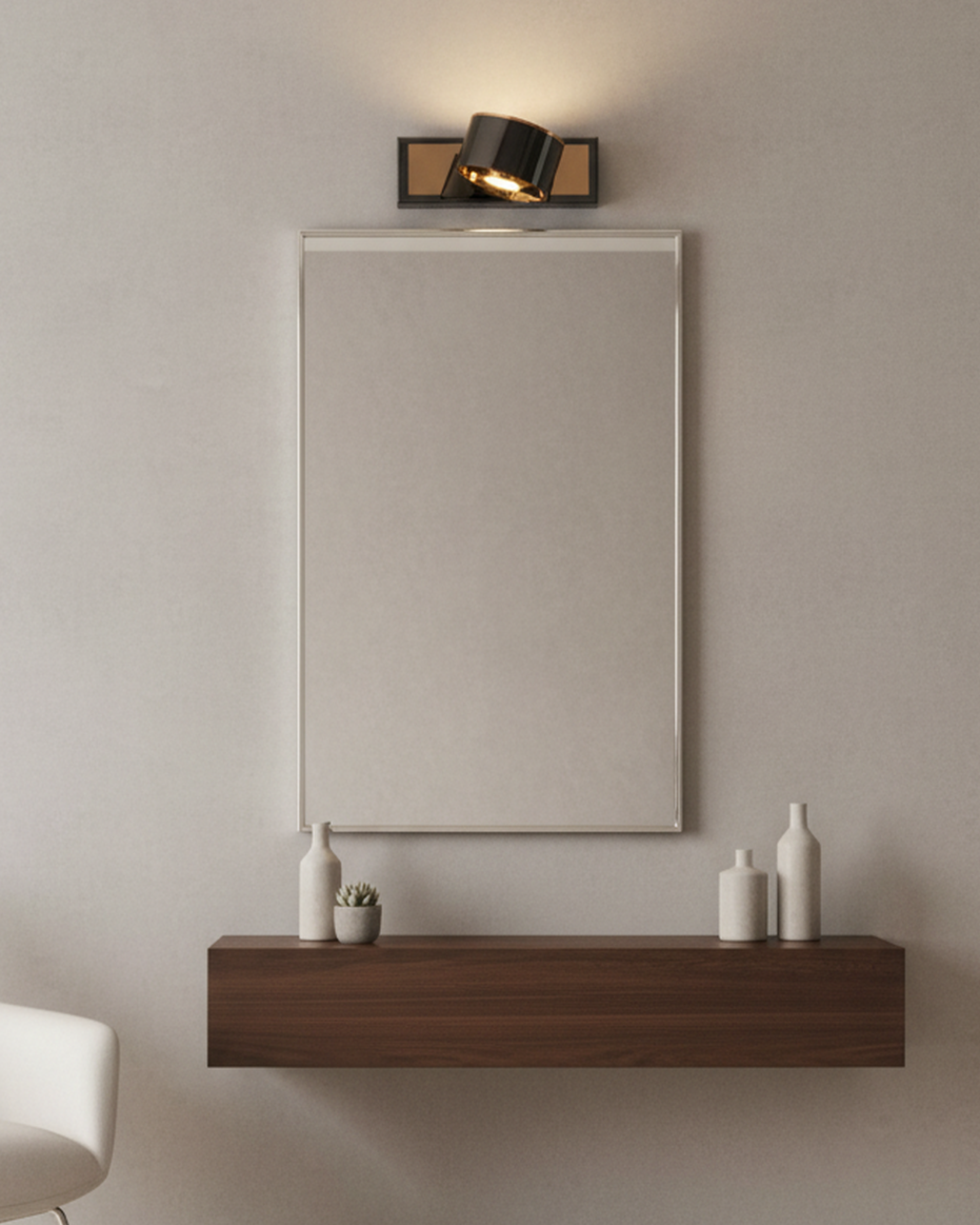 Modern black and rose gold Swanart wall sconce with adjustable LED light and rotatable head for living room, bedroom, or office decor.