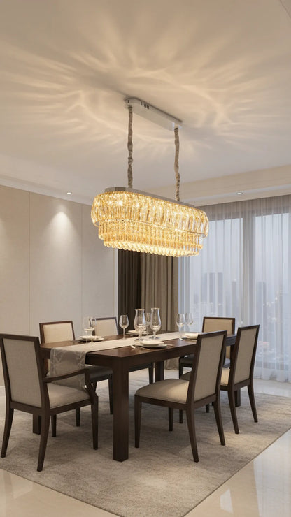 Swanart Luxury Rectangular Crystal Chandelier 95cm Modern LED Ceiling Hanging Light 4 Layer Gold Crystal Pendant Lamp for Dining Table Living Room Hotel Lobby Restaurant Decorative Lighting
