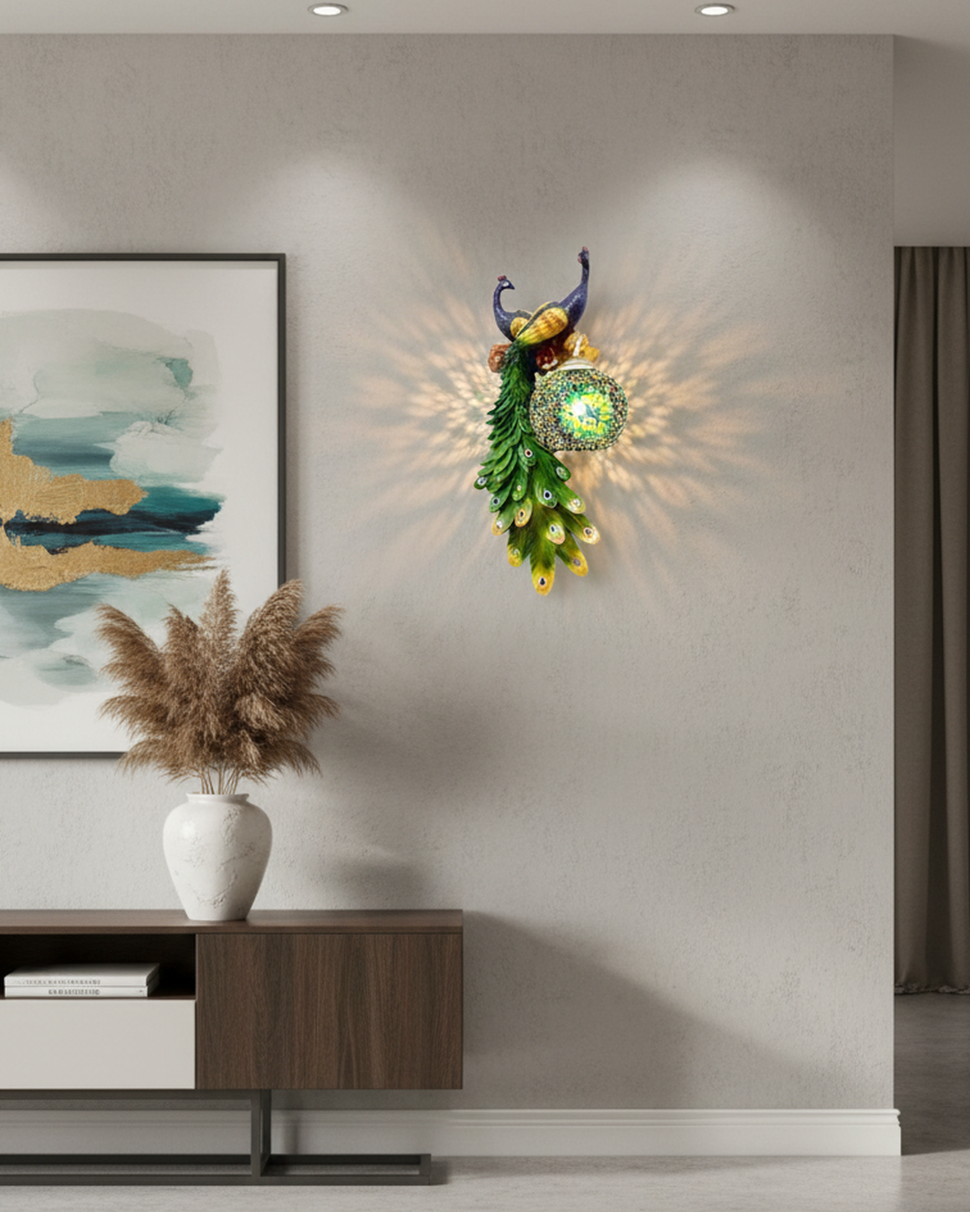 Swanart peacock wall light LED sconce with artistic bird design, warm ambient glow for living room, bedroom, or hallway decor.