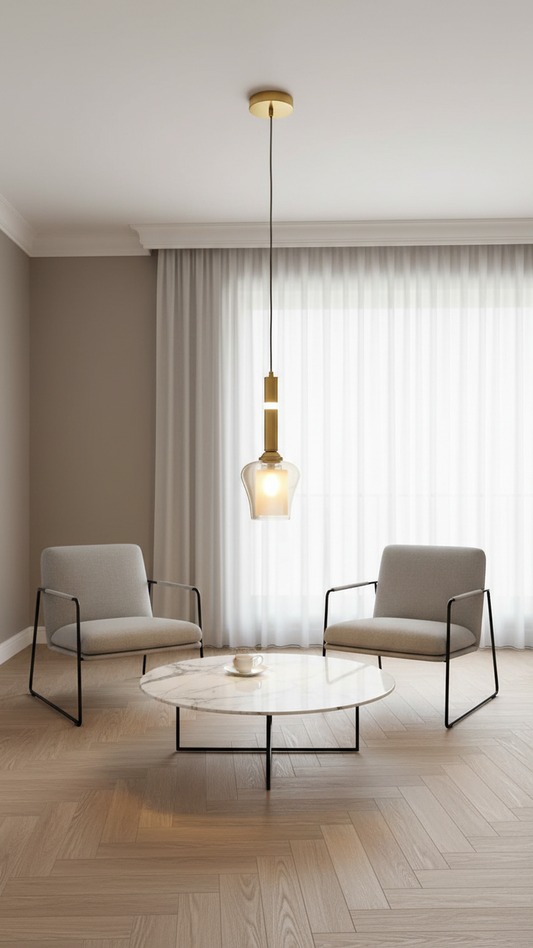 Swanart modern gold pendant light with glass shade hanging from ceiling, ideal for kitchen island, dining room, or cafe lighting.