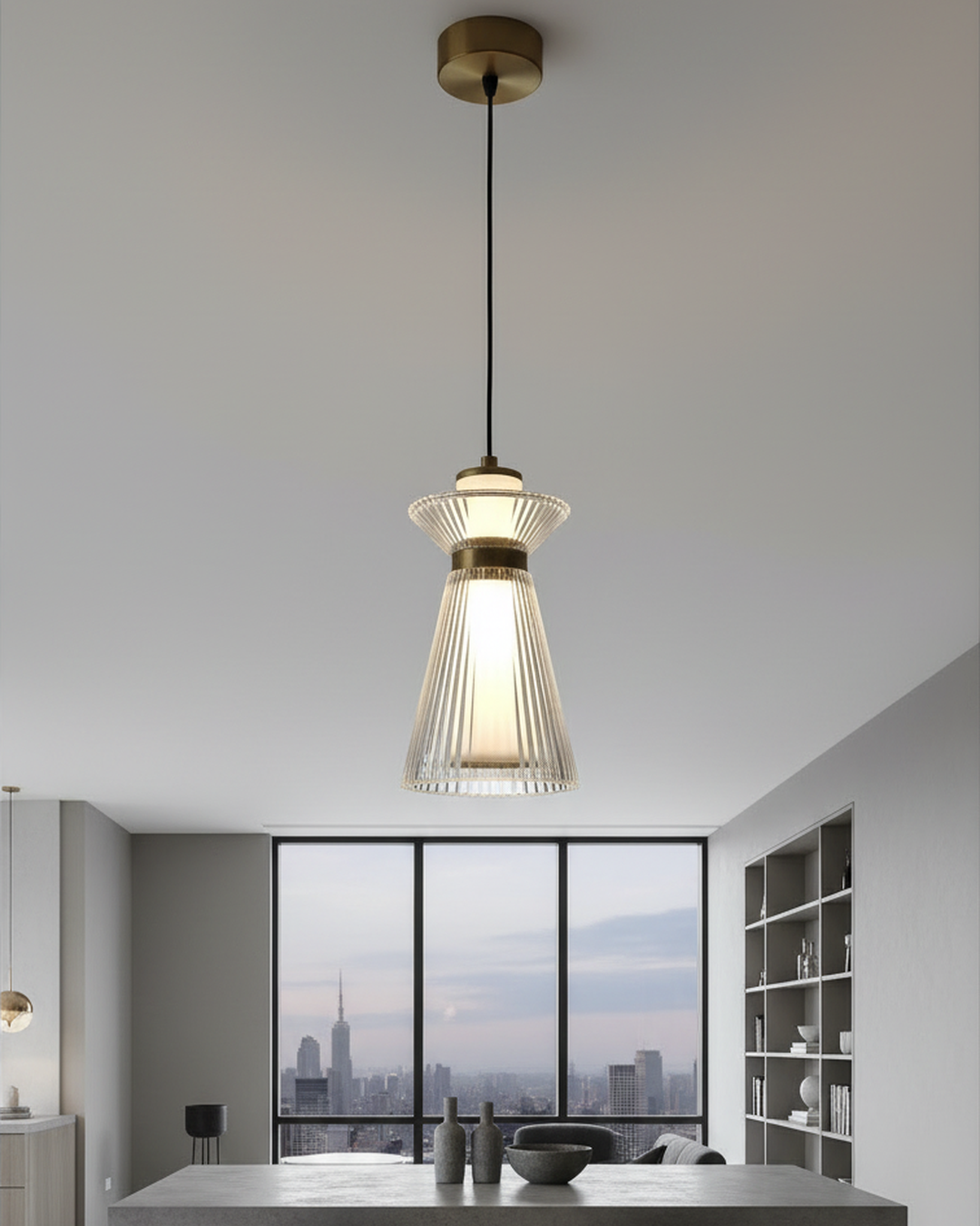 Swanart modern glass pendant light with rose gold finish hanging from ceiling, adjustable height, ideal for living room or kitchen.