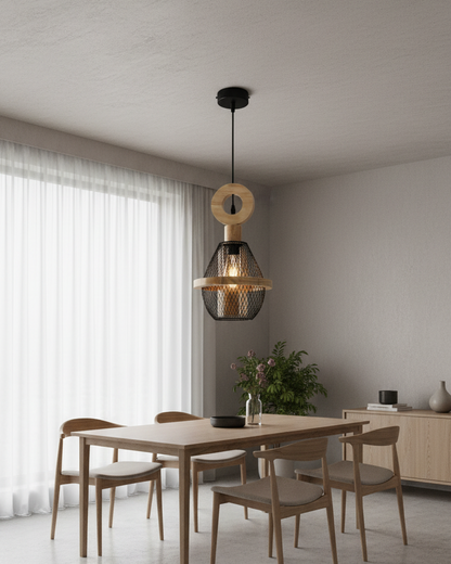 Swanart Modern Wooden Mesh Pendant Light, Decorative Hanging Light with Black Metal Cage Shade, Contemporary Ceiling Lamp for Dining Room, Living Room, Kitchen Island & Café Décor
