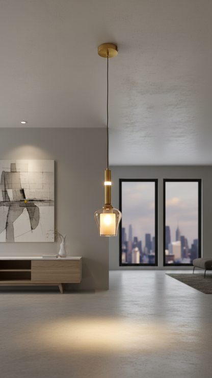 Modern gold pendant light by Swanart with glass shade, decorative hanging ceiling lamp for kitchen, dining, or bedroom decor.
