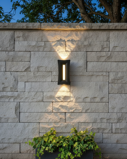 Modern black Swanart outdoor LED wall light mounted on exterior wall, energy-efficient exterior lighting fixture with sleek design.