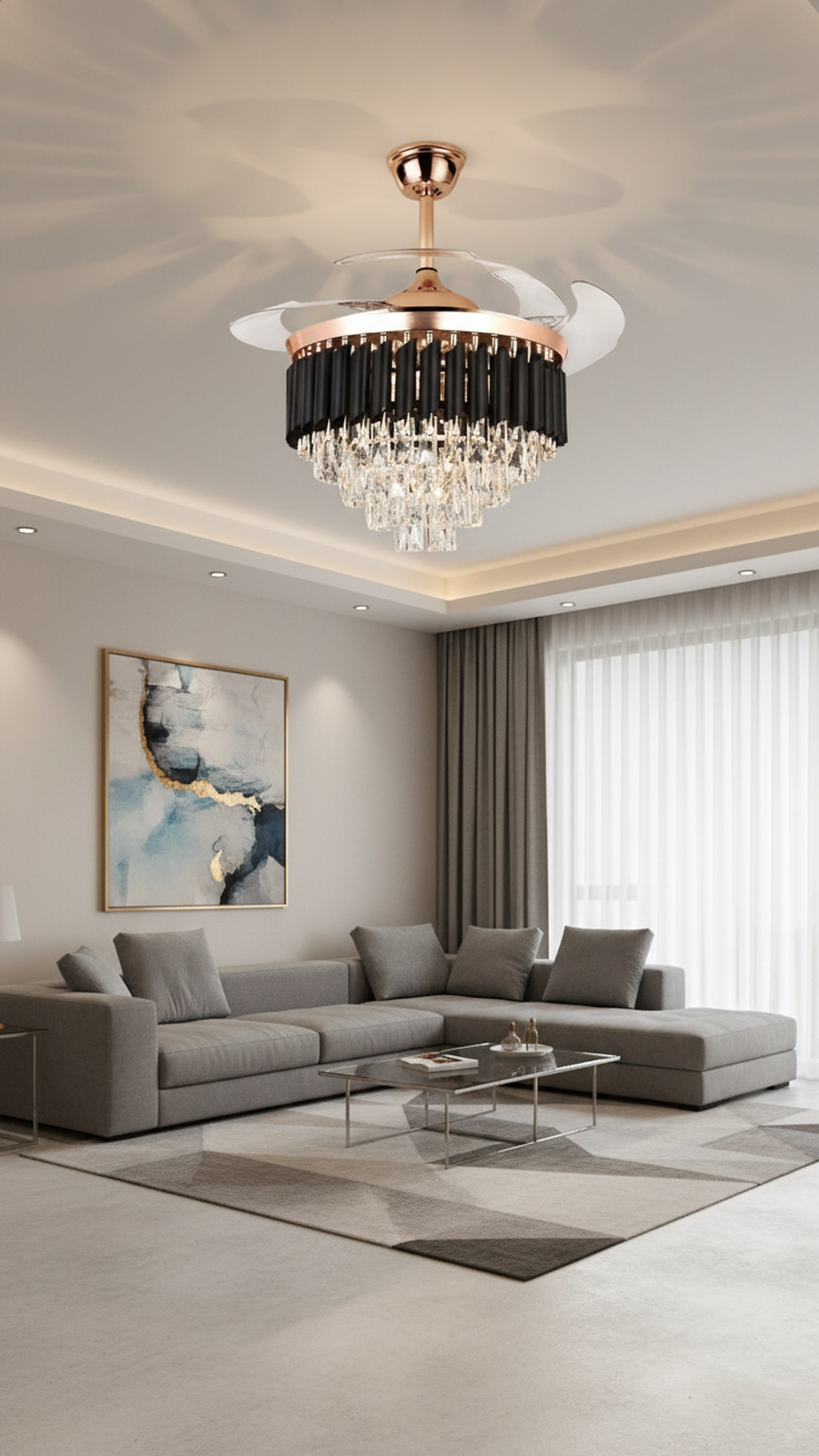 Swanart Modern Crystal Chandelier Fan with Retractable Blades, LED Ceiling Fan Light, Rose Gold Finish, Luxury Crystal Ceiling Light with Fan for Living Room Bedroom
