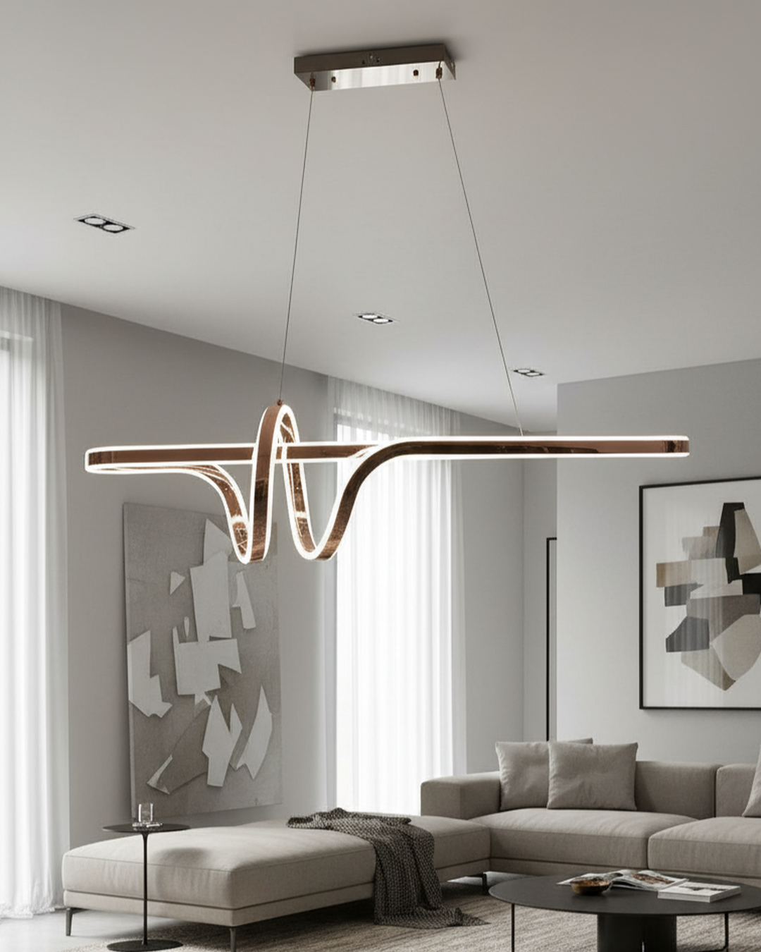 Modern Swanart LED wave pendant chandelier hanging above a dining table, featuring sleek, artistic linear lighting for contemporary interiors.