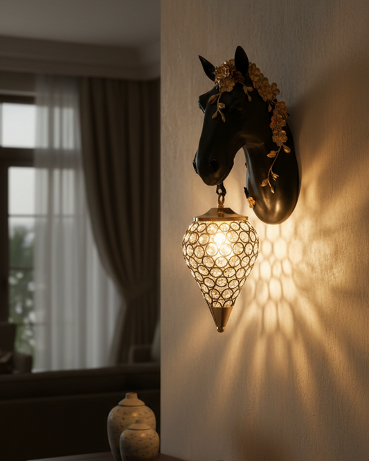 Swanart horse head wall light with crystal accents, gold and black modern LED wall sconce for bedroom or living room decor.