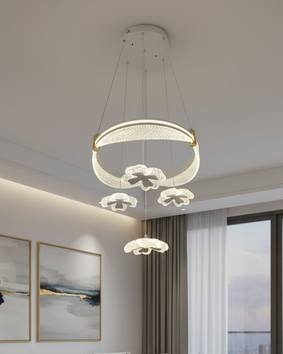 Modern Swanart crystal flower ring chandelier LED pendant light hanging from ceiling in a stylish living room setting.