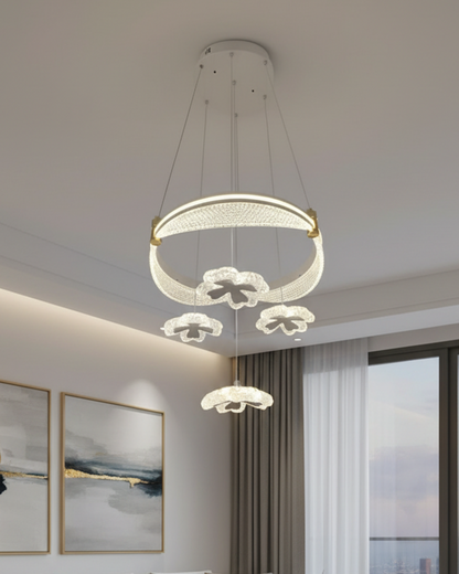 Modern Swanart crystal flower ring chandelier LED pendant light hanging from ceiling in a stylish living room setting.